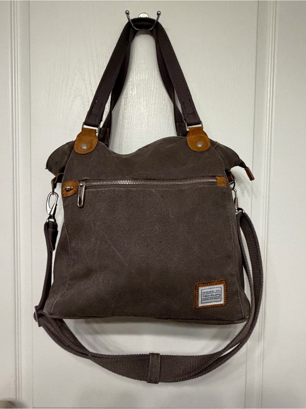 Travelon Pewter Canvas Tote with Leather Trim